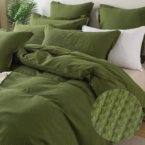 Waffle Duvet Cover Set In Moss Green 100% Cotton Duvet With 2 Pillowcase Button - Picture 2 of 4