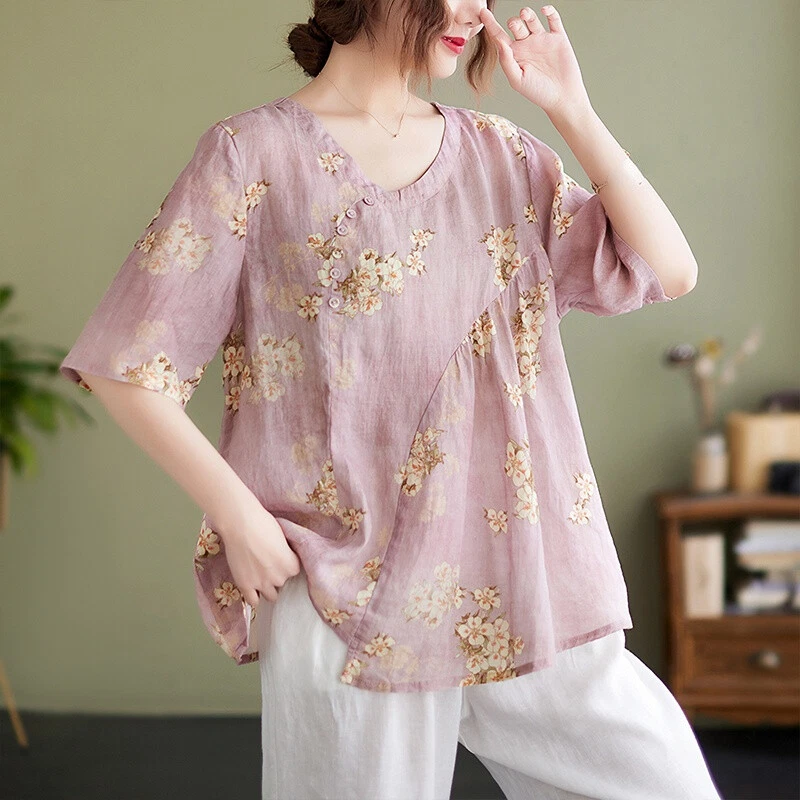 Lady Cotton Linen Floral Shirts Chinese Ethnic Blouses Loose Tops Pullover Retro