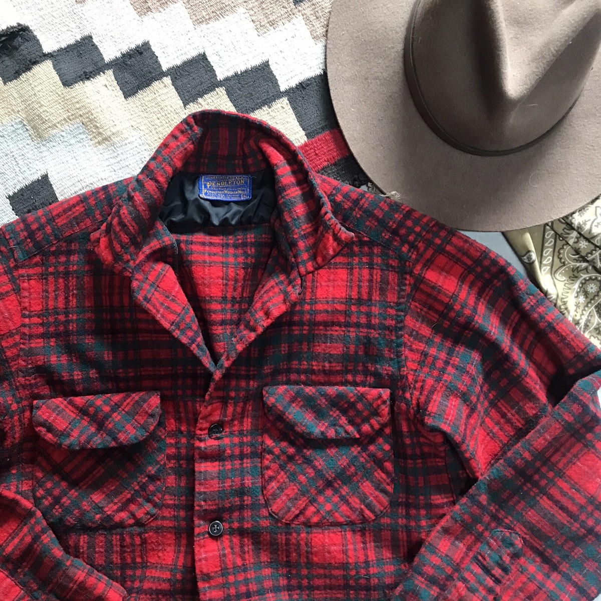 Vintage 60's Pendleton Shadow Plaid Wool Button Up Front Shirt Top