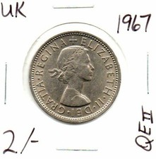 UK England 1967 Two Shillings Coin Queen Elizabeth II as pictured