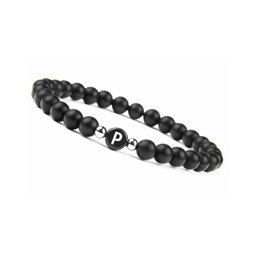 US Initialen Armband 6mm matt schwarz Onyx Buchstabenarmband Alphabet Paar Unisex - Bild 26 von 36