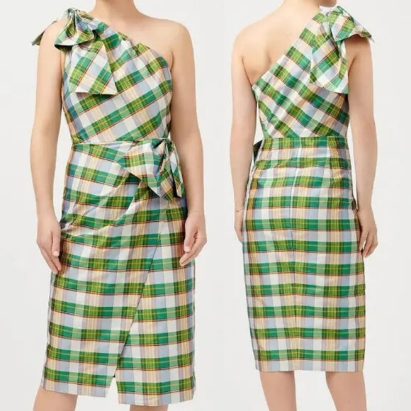 j crew green plaid dress J.Crew Midi Dress Green Tartan Plaid Smocked Poplin Tiered Preppy Holiday XXS