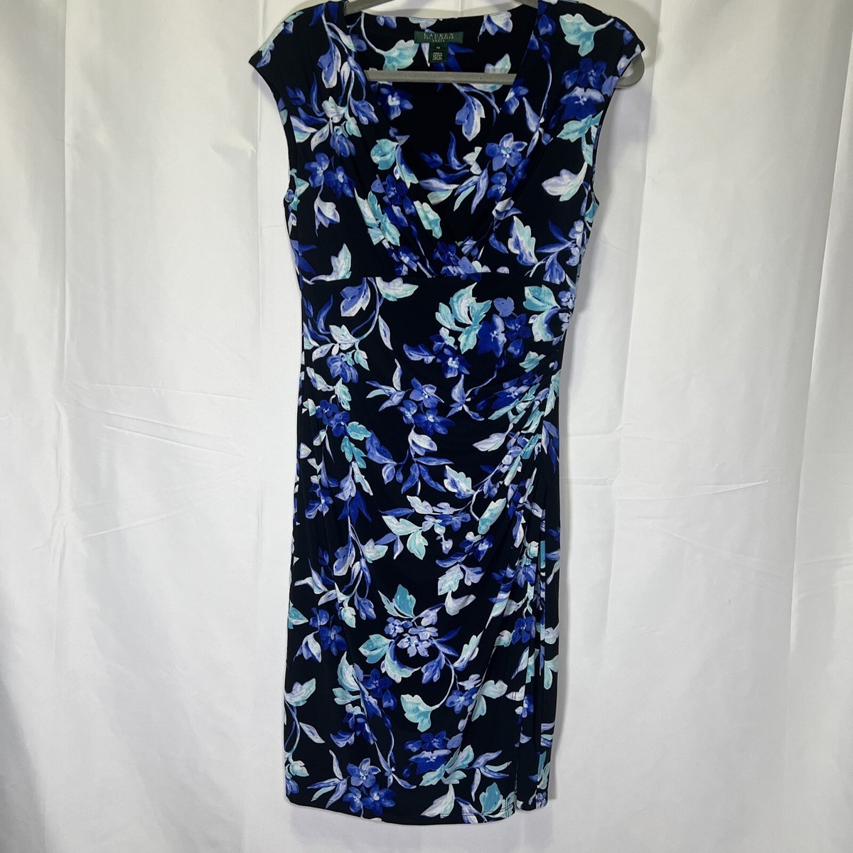 Lauren Ralph Lauren V-Neck Faux Wrap Blue Floral Print Jersey Dress Sz 10