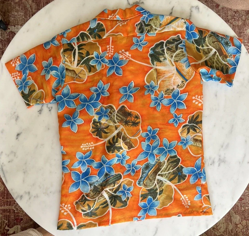 Vintage Waikiki Holiday Hawaiian Polyester Boys Shirt Orange Plumeria Size 18 - Image 2 of 4