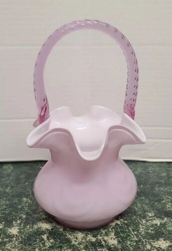 Fenton Purple on White Clear Pink Rope Handle Basket Ruffled Edge - Picture 1 of 5