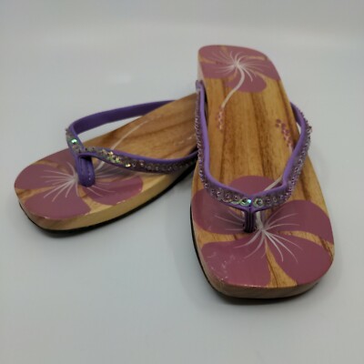 Wooden Hand Painted Wooden Flip Flop Sandals Size 7 Pink Hawaiian flower design