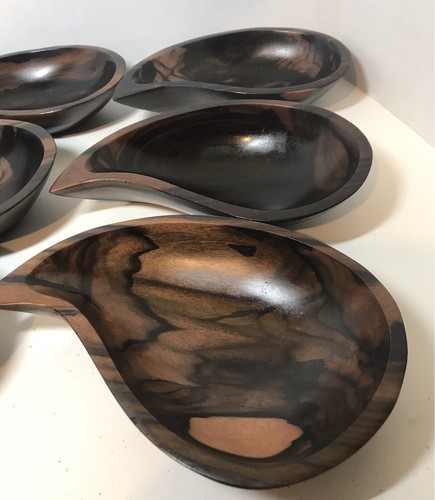 Vintage Ebony Wood Salad Set 2 Servers 8 Small Bowls Large Bowl Phillipines - Picture 7 of 12