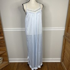 Vtg Jennifer Dale Women  s M Cottagecore Nightgown Blue Soft Long Satin Ruffles