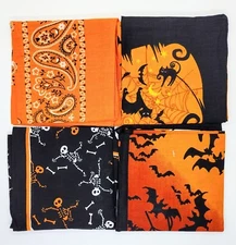 SET OF 4 Halloween BandanasCotton 22" x 22" Scarf Head Neck Face Mask Wrist Band