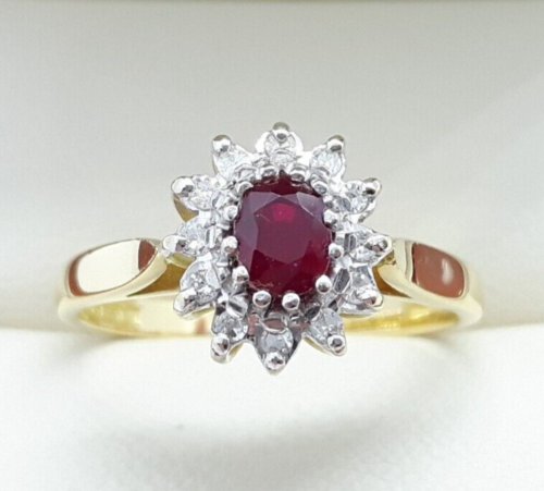 Vintage 18ct Yellow Gold 0.50ct Ruby and Diamond Cluster Ring, Size M 1/2 - Picture 1 of 10