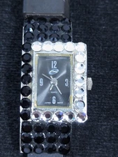 Black Clear Crystral Accent Silver Tone Case Black Band Watch 7 Inch
