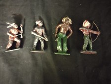 Vintage Lot Of 4 Cast Metal Indian Toy Figure 1 Marked England Lead Indian Toy