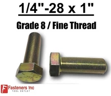 1/4-28 x 1" (FT) Hex Bolt Yellow Zinc Plated Grade 8 Cap Screw Fine Thread