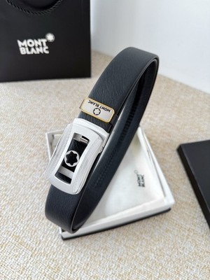 Montblanc Men Leather Belt Silver Gold Automatic Buckle Pebble Grain Dress 3.5CM