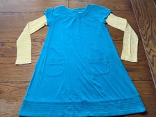 Mini Boden Double Sleeve Turquoise Dress Striped Sleeves Girls Pockets Size 9-10