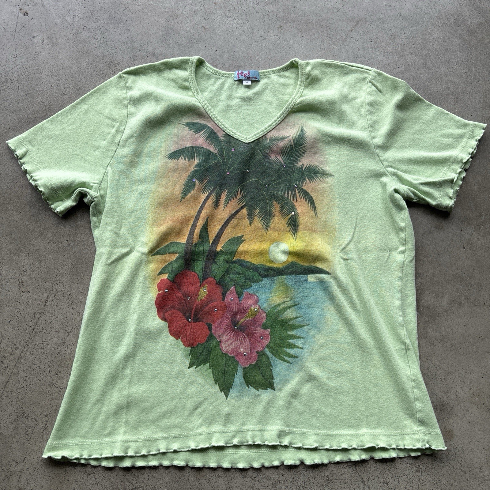 Johnny Was Tropical Floral V-Neck Cotton Tee Embroidered Rhinestone M