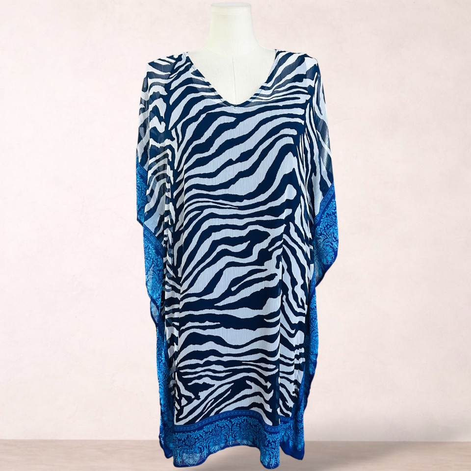 EMME Plus Size S 16 18 Blue Zebra Kaftan Chiffon Midi Dress Animal Print