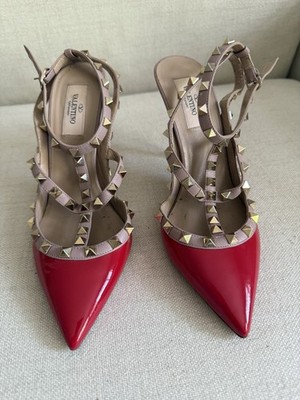 $1,173 Valentino Garavani Rockstud Pointed Toe Caged Pumps Red
