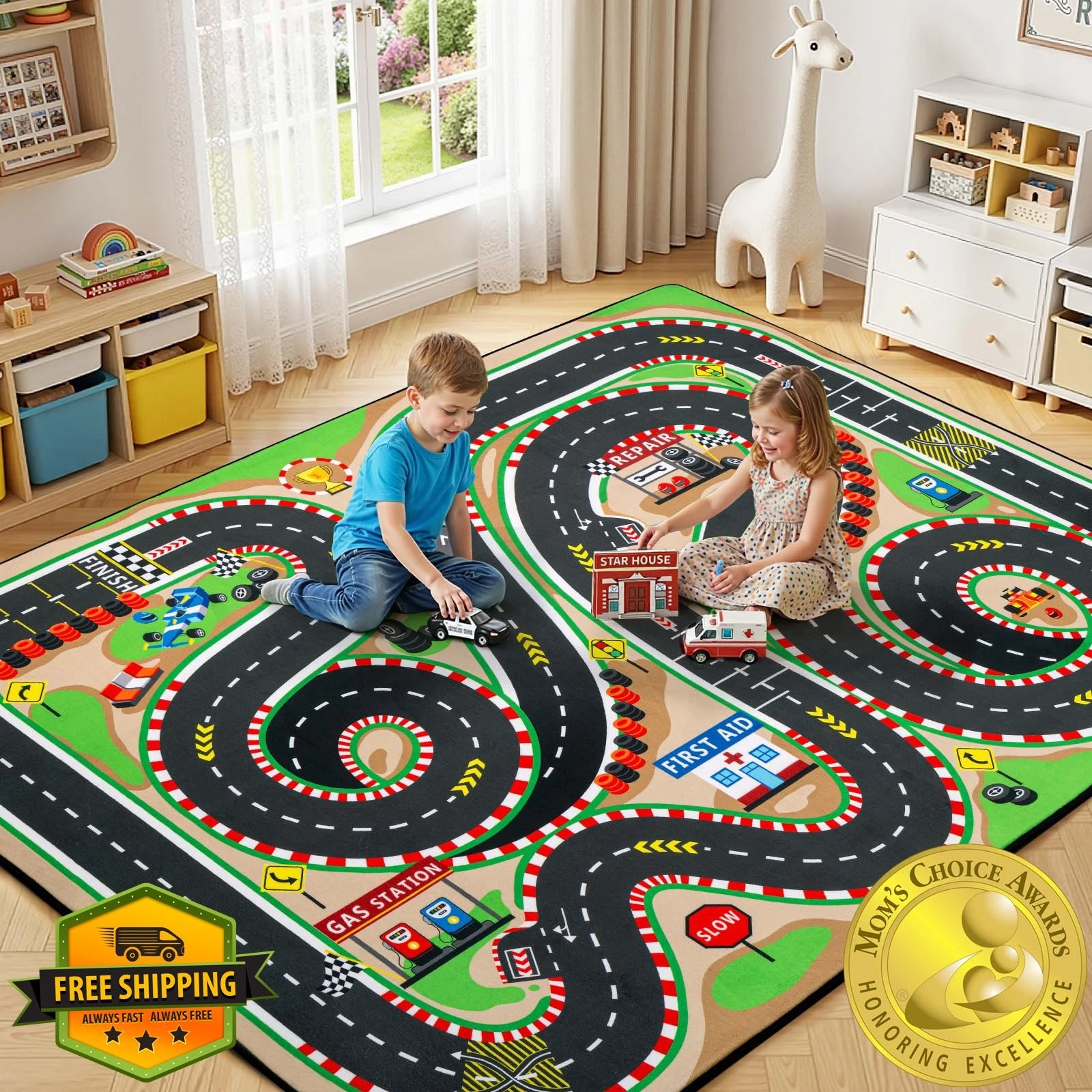Zovalyx Kids Race Track Rug 4x6 Ft City Road Play Mat Non-Slip