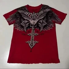 Affliction Red Graphic Tee with Winged Cross Design