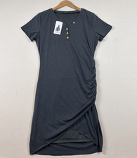 V-Neck Tunic Shift Knit Dress Womens Size L Gray NWT Side Ruching Button Detail