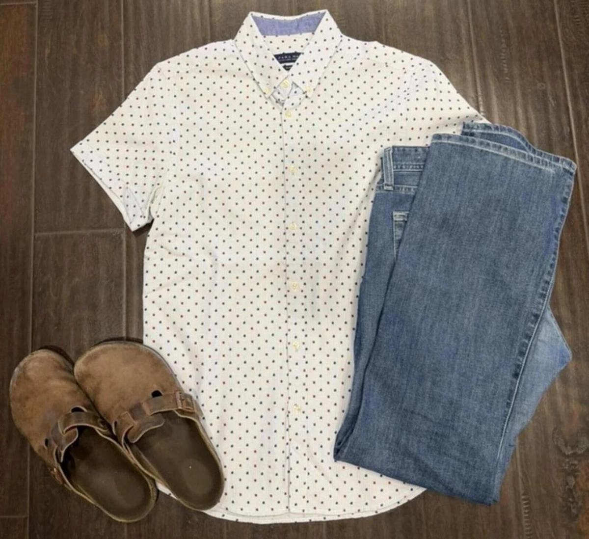 Polka Dot Short Sleeve Slim Casual Button-Down Shirts for Men for