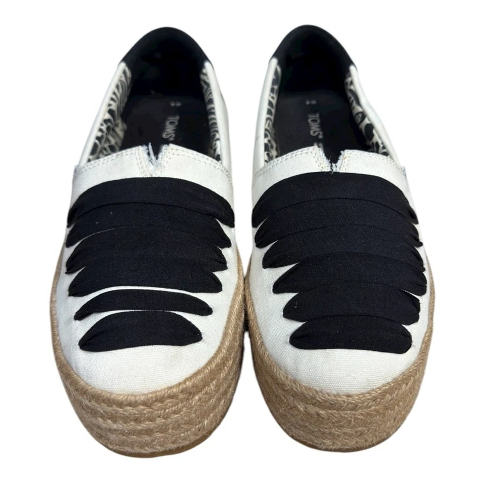 TOMS Valencia Plataforma Alpargata Zapatos Sin Cordones Negro Blanco Lona Talla 8 Ancho Foto 2 de 4