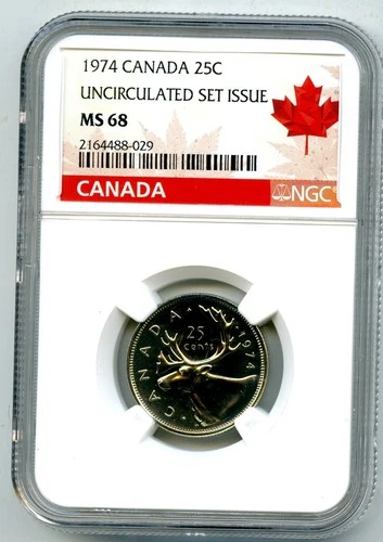 1974 CANADA 25 CENT NGC MS68 CARIBOU QUARTER RED MAPLE LEAF LABEL