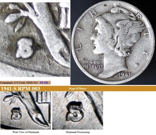 1941-S/S 10C Mercury Dime FS-502 RPM-003 S-S North XF (7805)