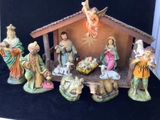 Vtg Chalkware Nativity Set Japan Music Box Silent Night Lighted Baby Jesus Mary