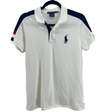 Ralph Lauren Sport Womens White Polo Shirt Big Pony Logo Blue Red Stripe Size L