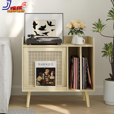 Record Player Stand with Vinyl Storage Record Player Table with Rattan Cabinet