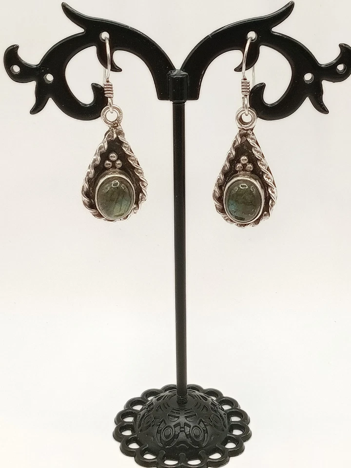 Orecchini Argento 925 Artigianale Goccia Cangiante Verde Labradorite Etnico - Immagine 4 di 4