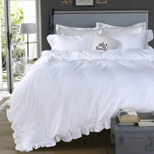 QSH White Ruffle California King Duvet Cover, Washed Cotton Farmhouse Shabby ...