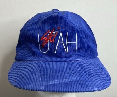 Vintage 80s Ski Utah Blue Corduroy Snapback Hat Skiing Cap Eagle Mountain