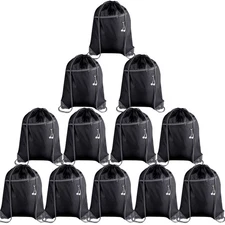 12 PCS Black Drawstring Backpack Bags Bulk with Zipper Pocket Headphone Hole