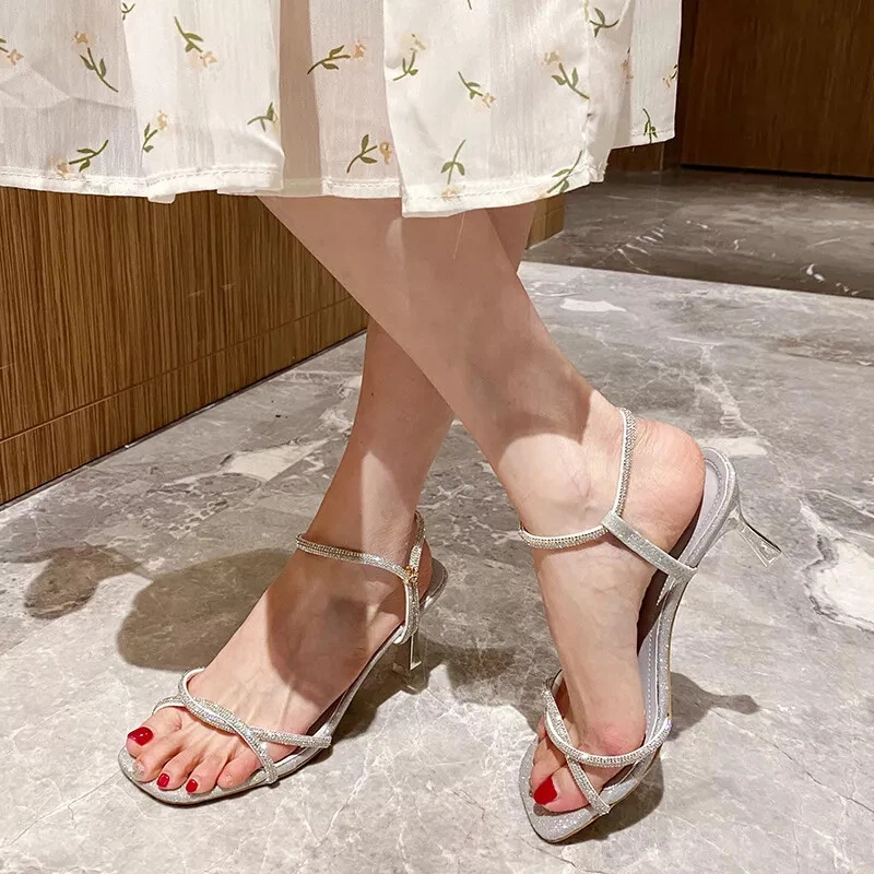 Sandales Femmes Talon Confortable 7.5 CM Argent Bijou Strass Cuir