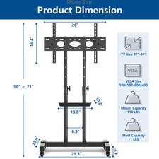 Mobile TV Stand Rolling Cart for 37-80 inch Flat Screen/Curved TVs up to 110 LBS