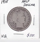 1915 BARBER HALF DOLLAR VG CONDITION
