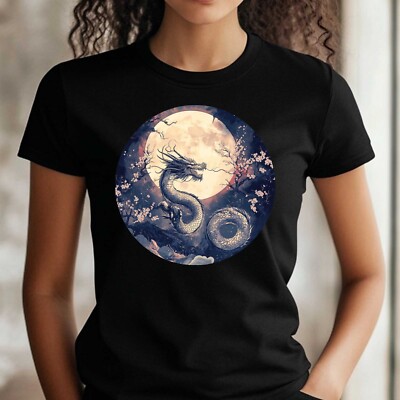 Frauen T-Shirt Drache bei Vollmond Motiv Baumwolle Größe S bis 3XL