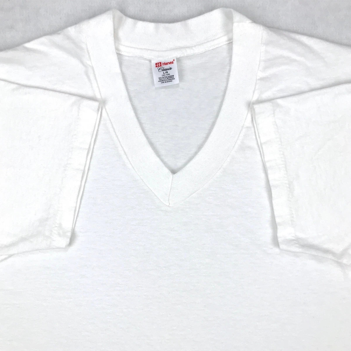 vintage 80s BLANK WHITE HANES V NECK T Shirt MEDIUM LARGE soft single stitch