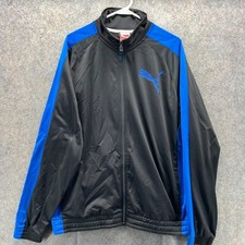 Puma Jacket Men XL Black Blue Windbreaker Full Zip Track Running Bomber Big logo