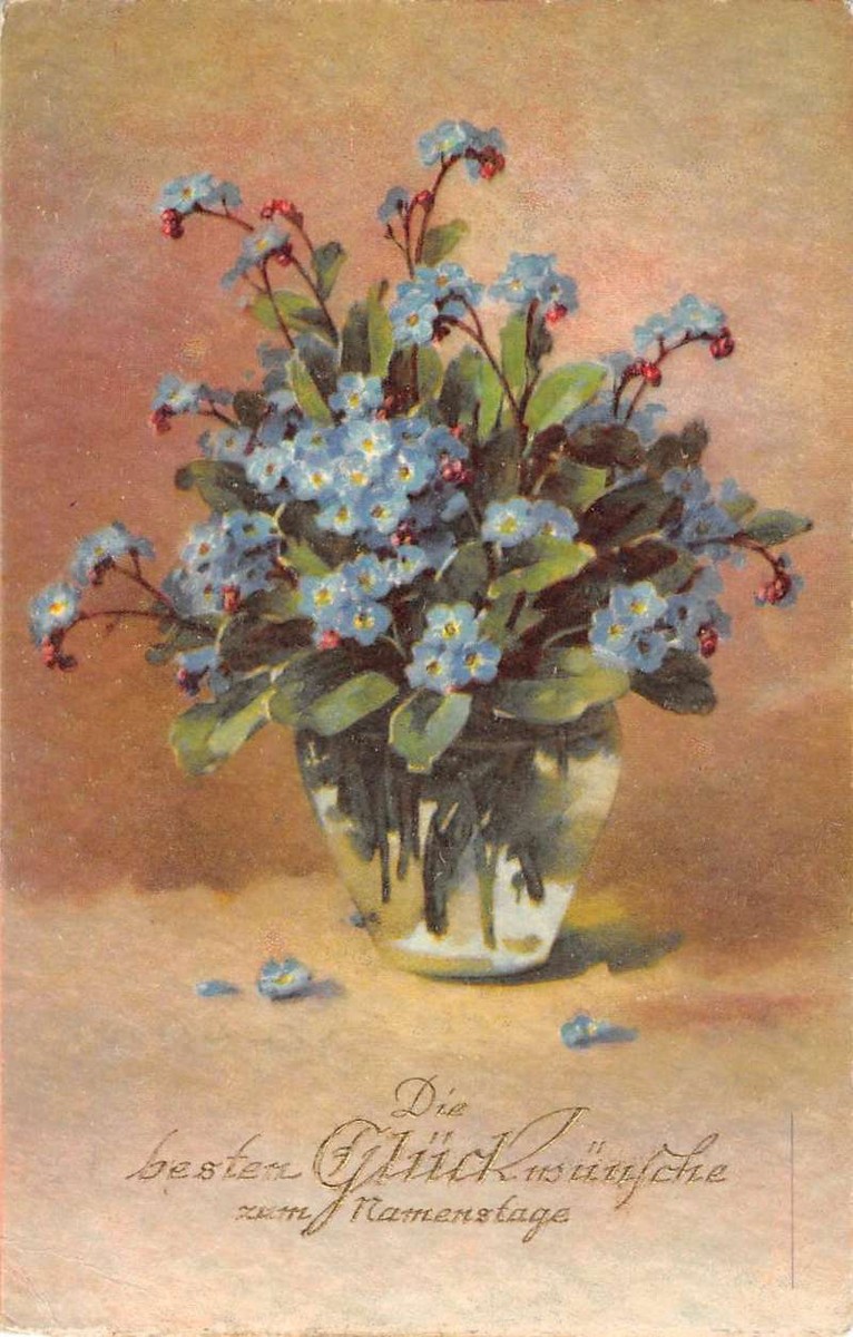 German Birthday Greeting Bouquet Blue Flowers Klein Antique