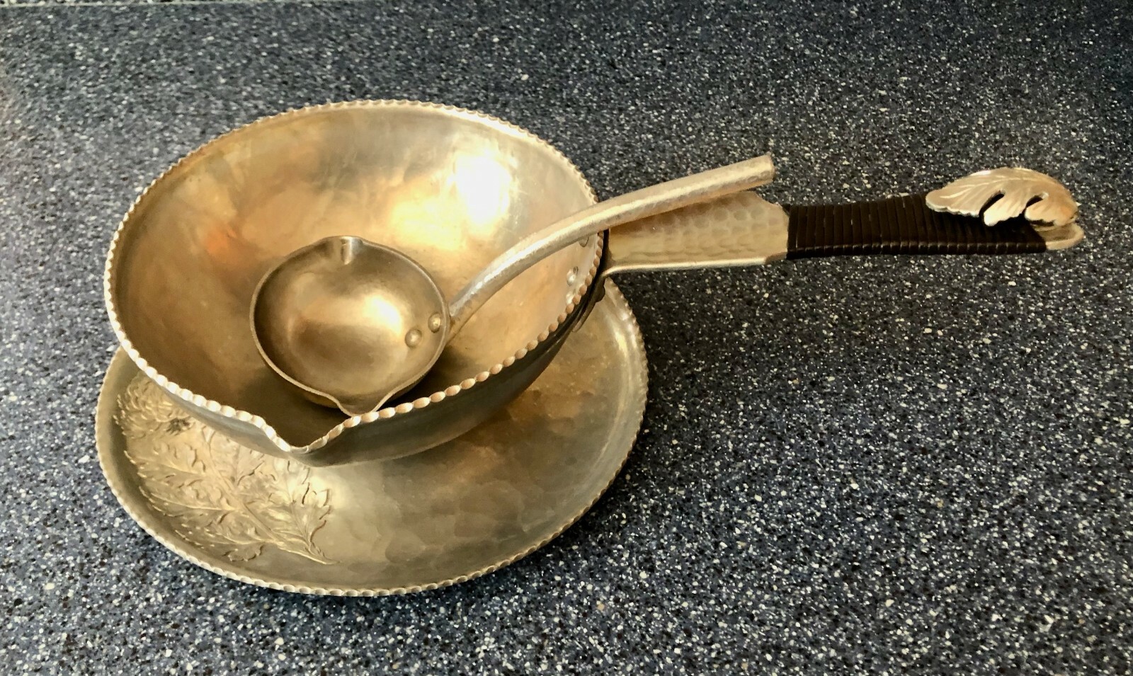 vintage Continental chrome gravy boat & ladle hand wrought silverlook