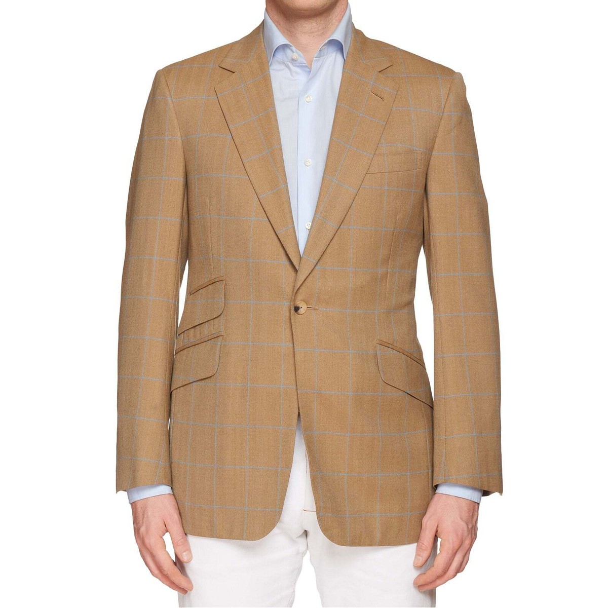 HUNTSMAN Savile Row Bespoke Tan Herringbone Plaid Wool Button