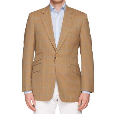 HUNTSMAN Savile Row Bespoke Tan Herringbone Plaid Wool 1 Button