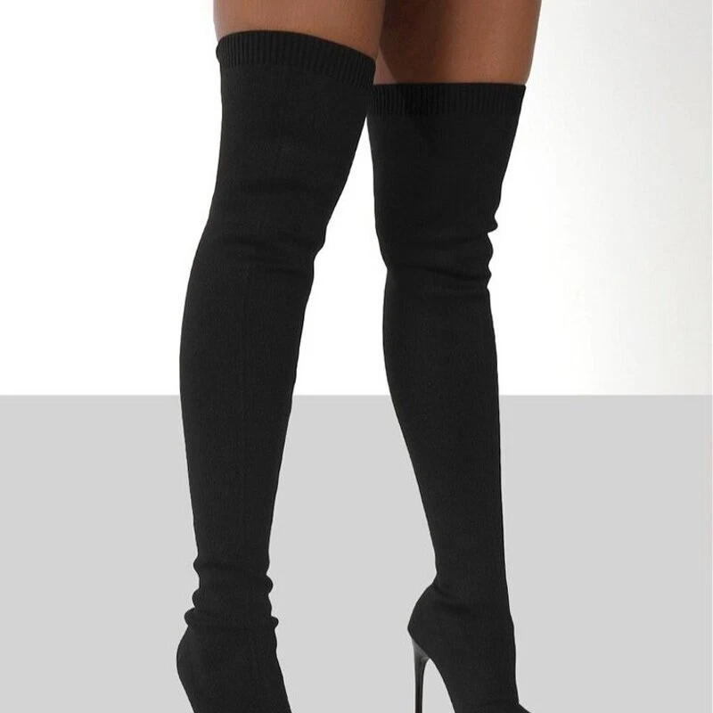 Women Knee High Boots Pointed Toe Thin Heel Slip on Zipper Sexy High Heels - Image 3 of 4