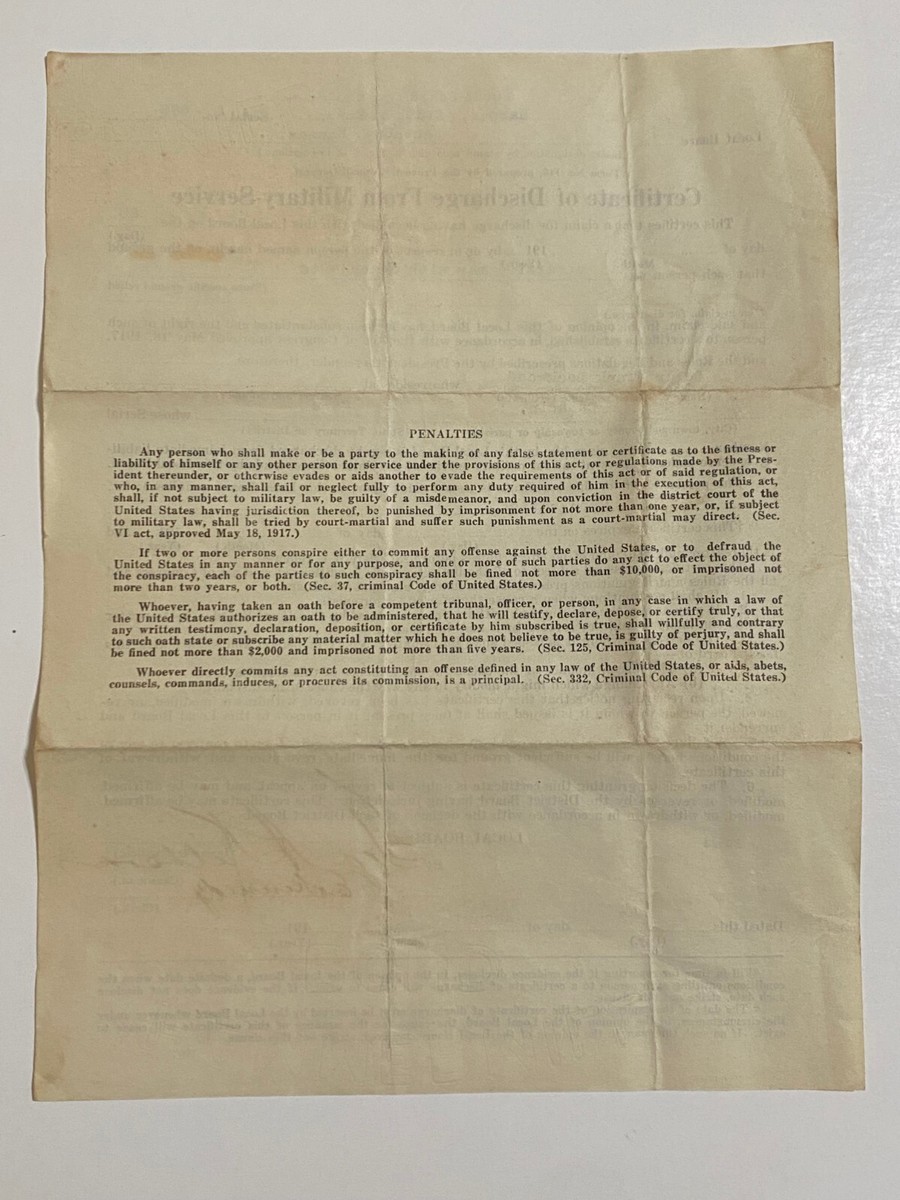 Vintage World War I United States Military Discharge Paper 1917 +
