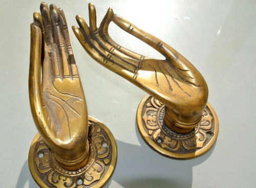 2 cast Pull handle hands solid brass door aged old style knob hook 5 "buddha - Picture 2 of 13