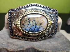 Dendritic Agate Oval Cabochon Western Belt Buckle Gold Tone USA Made